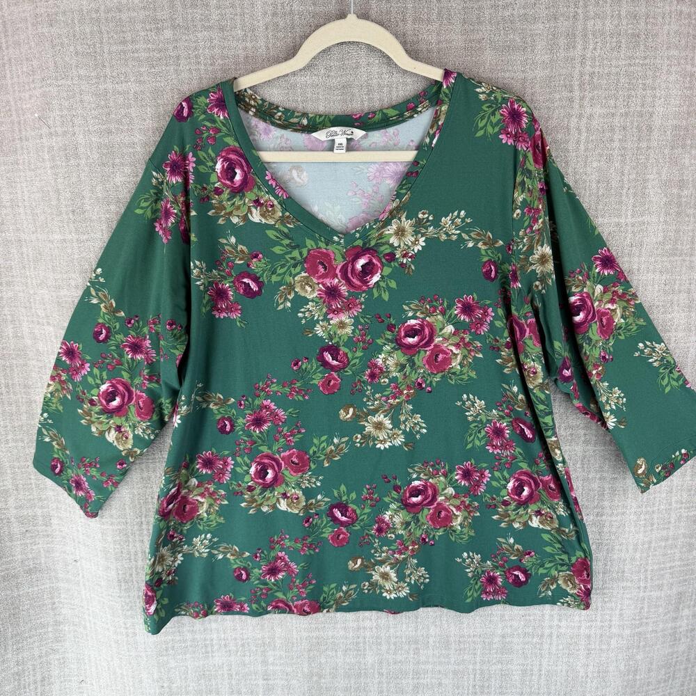 The Pioneer Woman T-Shirt Womens 2XL Green V-Neck Floral Tunic Hawaiian